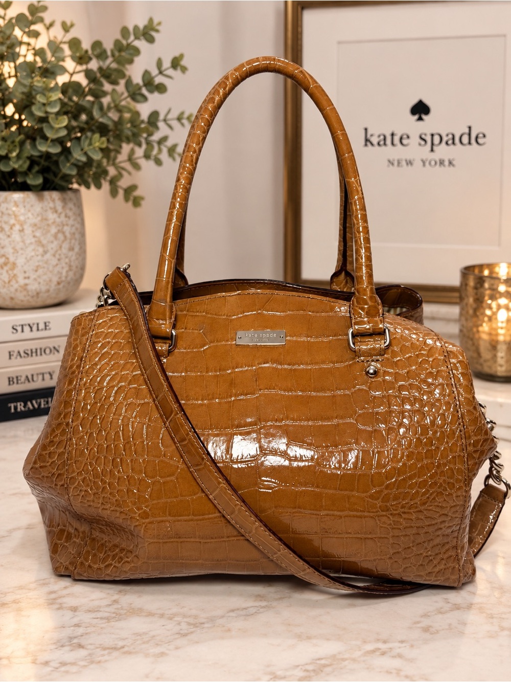 Kate Spade Brown Croc Embossed Patent Leather Satchel